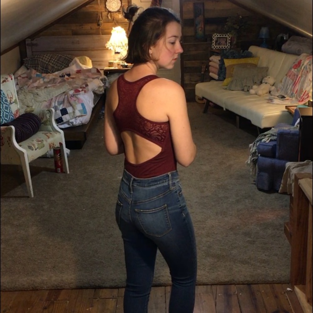 Backless maroon lace bodysuit